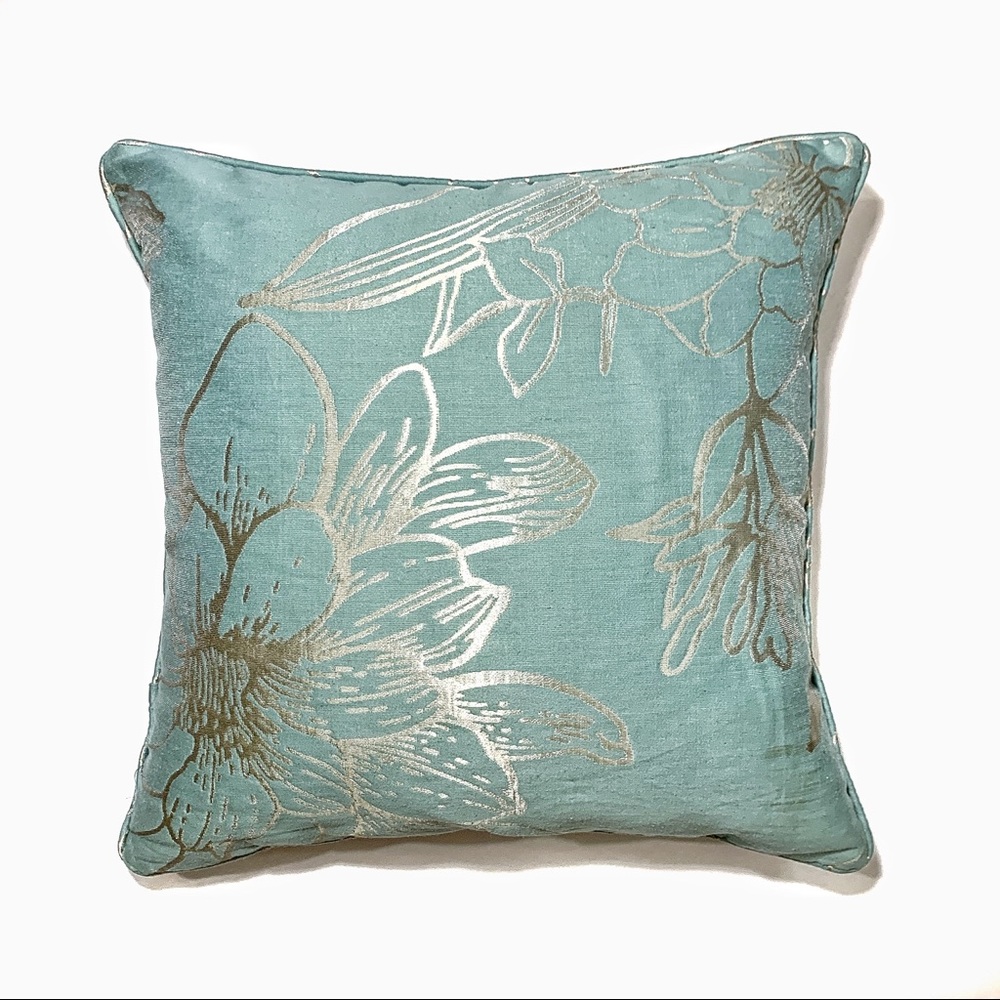 Pier 1 Pillow Peony Print Teal & Gold Down Filled